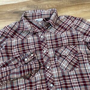 Vintage Levi's Western Shirt Womens S Plaid Cotton Pearl Snap Maroon 80s